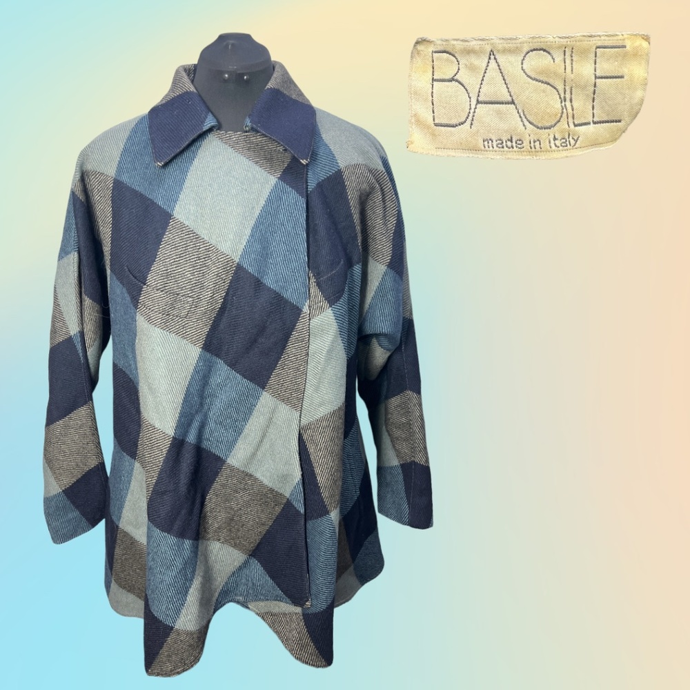 VTG 80's BASILE Blue/Gray/Brown Checked Wool Cape Jacket Made in Italy Sz 42